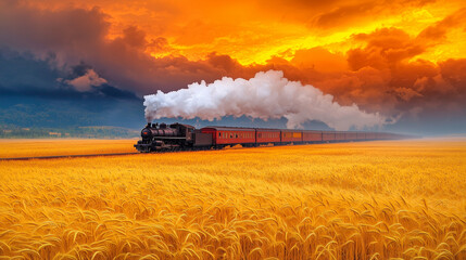 Fototapeta premium A steam train travels through a golden wheat field under a dramatic, fiery sunset sky with billowing clouds.