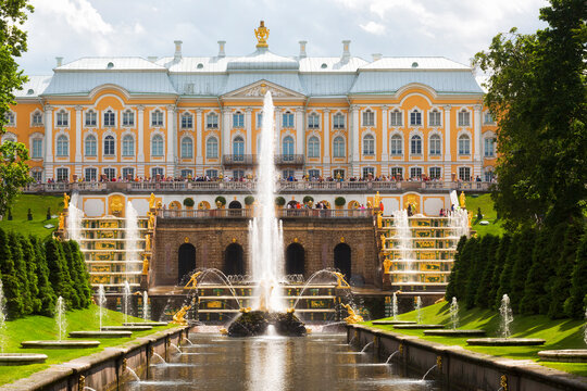 PETERHOF, SAINT-PETERSBURG, RUSSIA - JUNE 20, 2016: Grand Cascade in Peterhof palace was included in the UNESCO World Heritage List