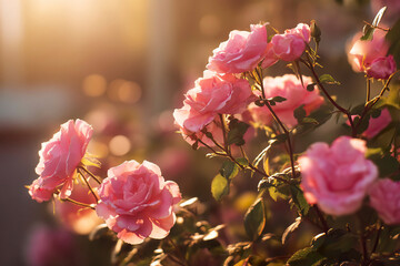Bushy pink rose with large flowers in the rays of sunset warm light, floral background.