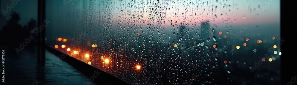 Poster raindrop on a window with cityscape texture and sad atmosphere concept. raindrops on window create a
