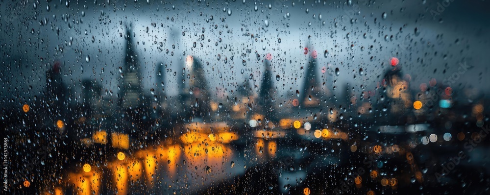 Poster raindrop on a window creating water texture and cityscape pattern concept. a rainy cityscape view wi