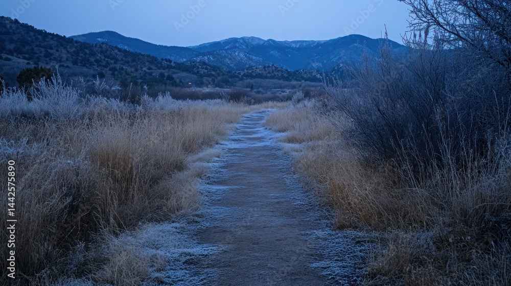 Poster a winding path through a frosted field towards distant mountains