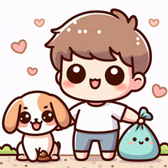 Fototapeta premium Kawaii cartoon of cute happy person cleaning up after their dog with smiling face and poop bag in pastel style