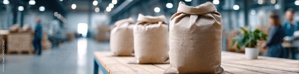 Poster dynamic view of bulk goods production in a busy factory environment with ample space for text