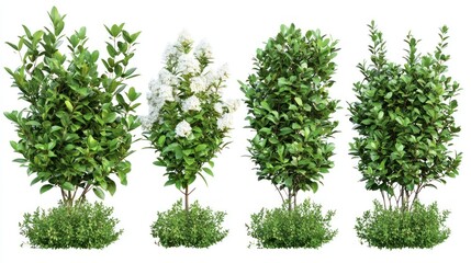 Obraz premium Set of tall garden bushes with thick, dark green leaves and small, white flowers on a white background.