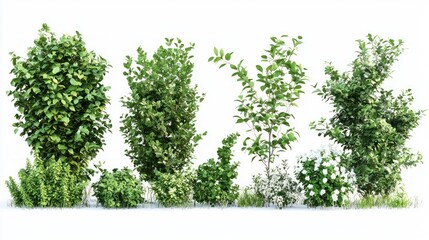 Set of tall garden bushes with thick, dark green leaves and small, white flowers on a white background.