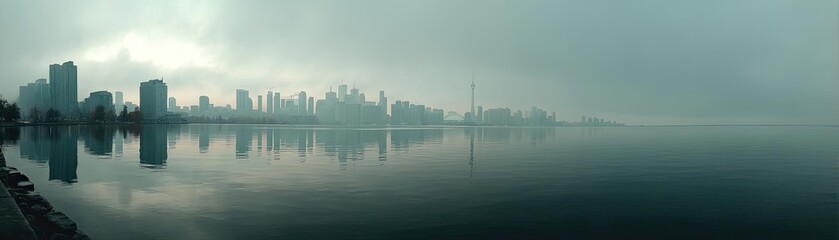 Fototapeta premium Raindrop on a window capturing landscape, water, and city mood concept. A serene urban skyline reflected in calm misty waters at dawn.