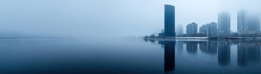Naklejka premium Raindrop on a window capturing landscape, water, and city mood concept. Misty skyline reflecting in calm waters at dawn.
