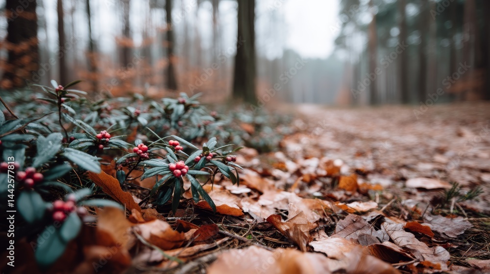 Poster ground-hugging evergreen bushes with clusters of small red berries create a vibrant carpet across th