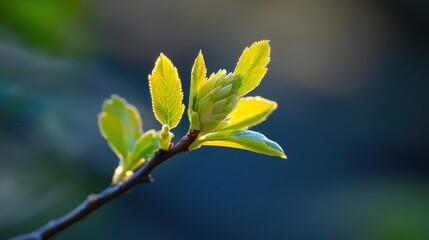 Fresh green leaves are budding on a delicate tree branch