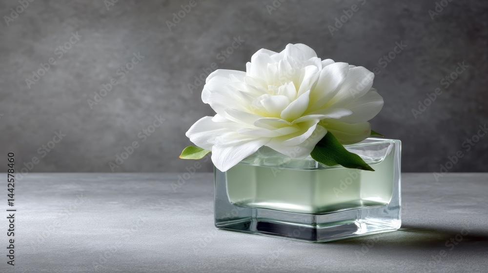 Poster a single blooming white orchid rests in a sleek glass vase, illuminated softly against a gray backdr