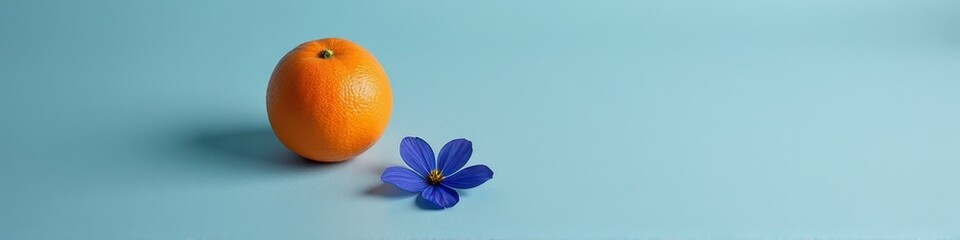 Fresh orange and vibrant purple flower on light blue background