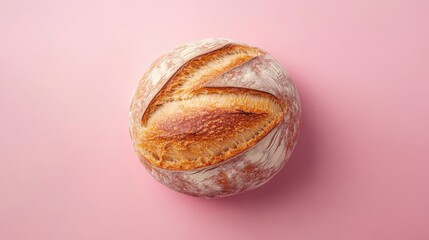 A sourdough boule with artistic scoring placed on a soft pink background 