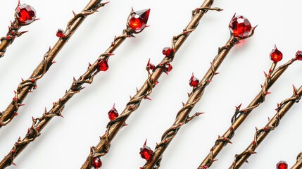 Set of thorn-covered staffs with blood-red crystals at the tips on white background.