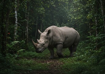 Obraz premium A solitary Javan rhinoceros, with its distinctive single horn, walks along a path through the dense, green rainforest of Indonesia. A rare and endangered species in its natural habitat