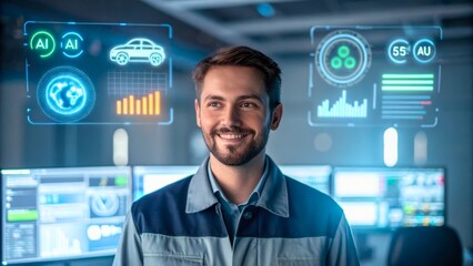 Professional Engineer Interacting with Advanced Data Visualization Technology in Modern Office Setting