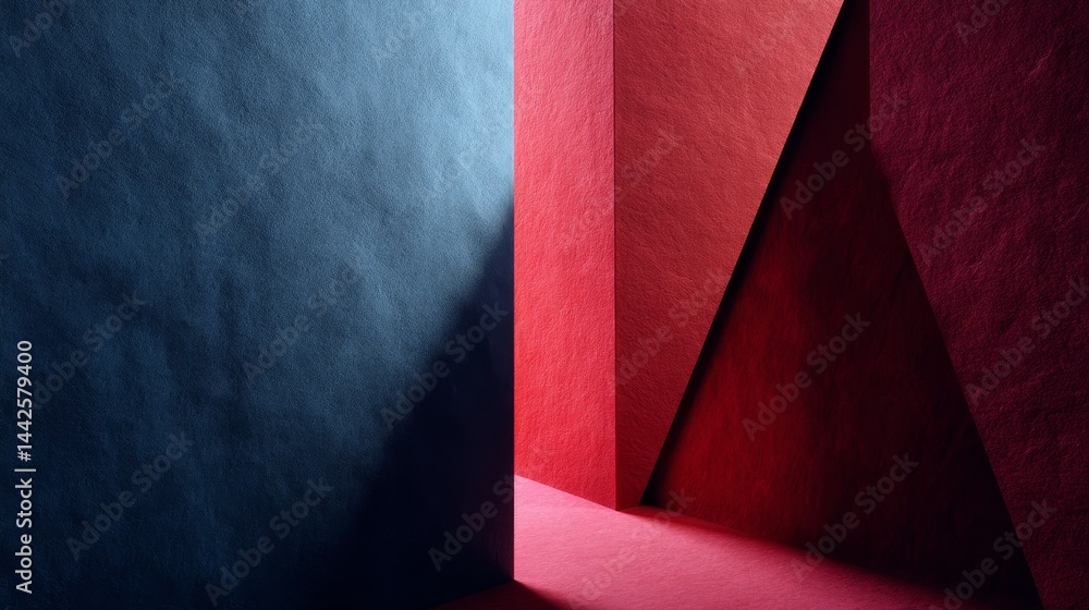 Leinwandbilder Bold reds and blues form geometric prism shapes arranged in a dynamic floating pattern, emphasizing sharp lines against a deep navy background with copy space