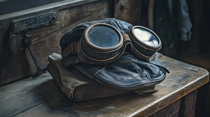 Classic leather flying cap and circular goggles on old carpenters workbench, soft vignette