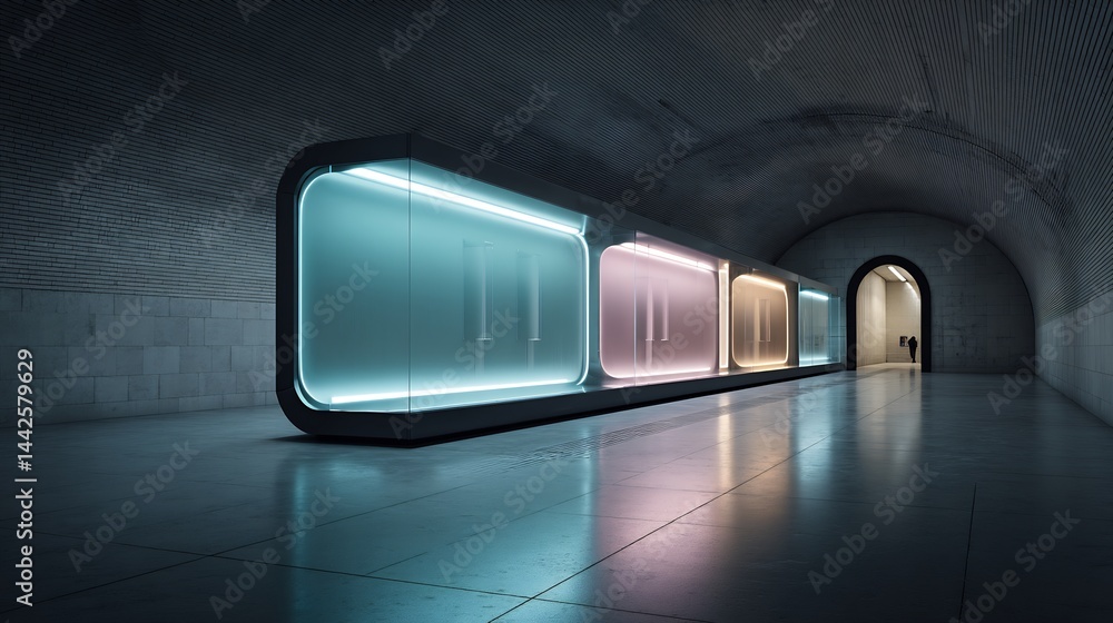 Poster neon light tunnel showcases modern geometric architecture and design elements