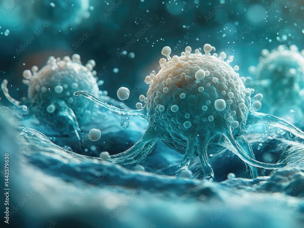 Poster close-up view of various microscopic cells in motion.