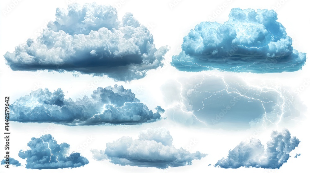 Poster set of thunderstorm clouds with distant lightning flashes on white background.