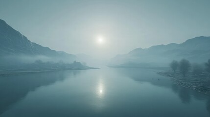 Fototapeta premium A serene landscape depicts water surrounding distant hazy mountains and sun