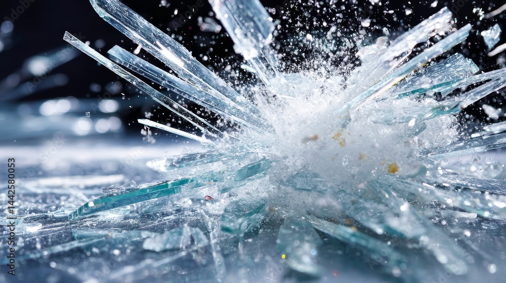 Leinwandbilder close-up shot reveals crystalline frost shards bursting against a stark black background, highlighti