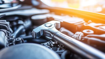 A shiny wrench rests in the engine compartment of a car