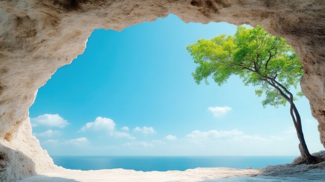 A solitary tree growing inside a cave opening with a view of the clear blue sky and ocean, bright sunlight illuminating the scene, and natural beauty concept.