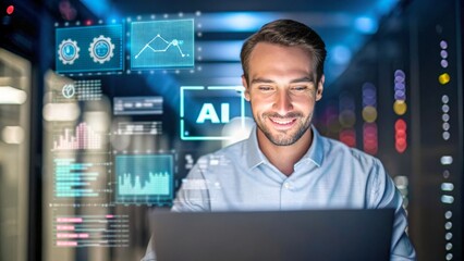Professional man using laptop with AI graphics in modern data center environment