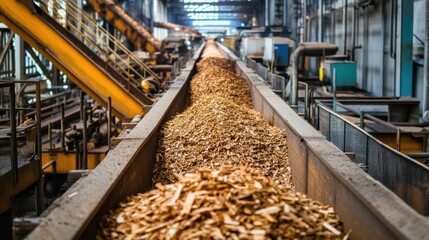 Conveyor track moving small wood chips into an industrial furnace surrounded by metal walkways
