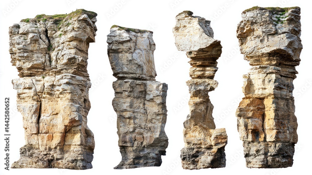 Poster set of towering rugged cliffs with weathered edges on white background