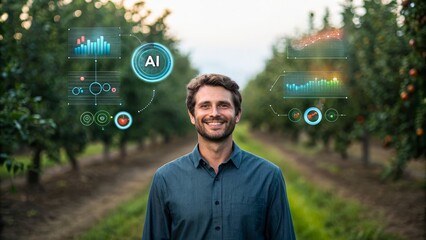 Smiling Man in Orchard Showcasing AI Technology for Agriculture Insights and Data Analysis
