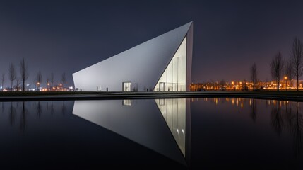 A modern architectural building reflected in tranquil water at night