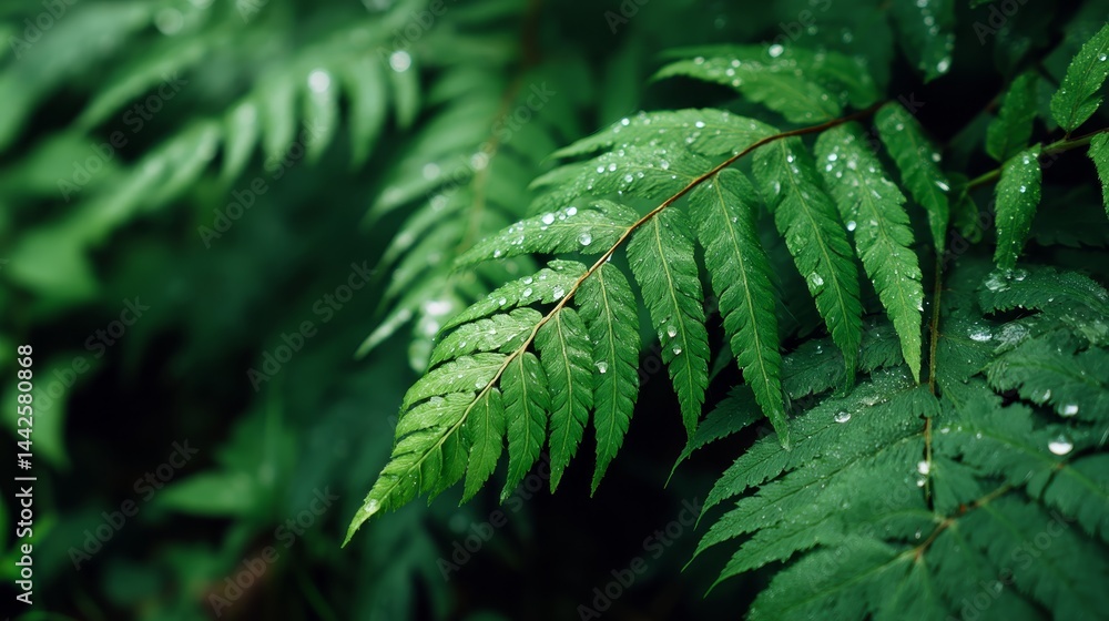 Poster lush fern fronds covered in glistening dew drops evoke a sense of tranquility in a dense woodland se