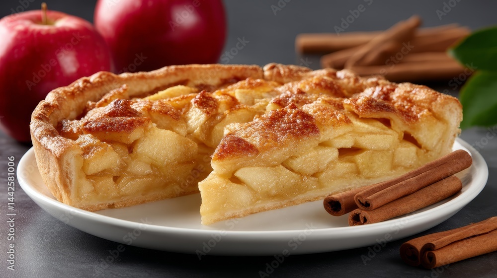 Poster Slice of warm apple tart with tender apple filling and golden crust rests on a white ceramic plate with nutmeg sticks, creating a welcoming atmosphere