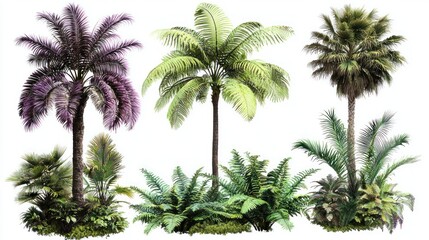 Fototapeta premium Set of tropical forest trees with large leaves and rich green ferns on white background.