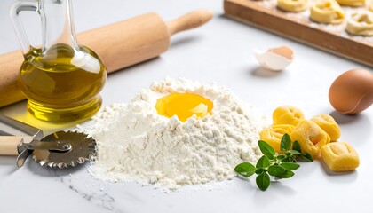 Homemade pasta concept. Fresh ingredients arranged on a marble surface, suggesting culinary creativity and healthy cooking. Ideal for food blogs, recipes, and lifestyle content.