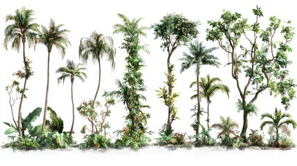 Set of tropical forest with diverse plants, vines, and palm trees on white background.