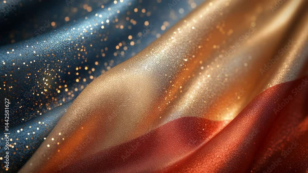 Poster a close-up of a shimmering fabric with multicolored sections in blue, gold, and red, adorned with gl