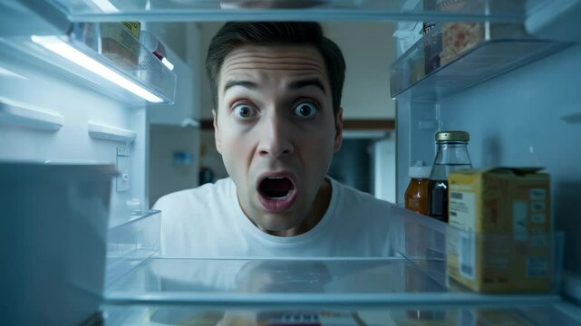 Shocked Man Looking into Empty Refrigerator - A young man peers into his refrigerator with a shocked expression on his face. The fridge is mostly empty