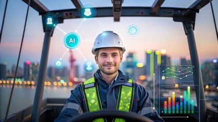 Professional Worker with Technology Interfaces in Modern Urban Environment at Dusk
