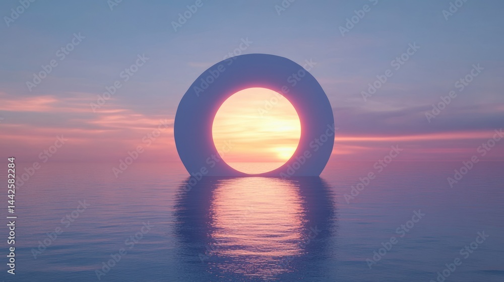 Poster an abstract circular portal floating on a calm ocean water surface
