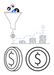 Funnel with people icons leading to coin output, increasing stacked coins, and dollar symbols. Ideal for business, marketing, ROI, lead generation, finance, e-commerce simple landing page