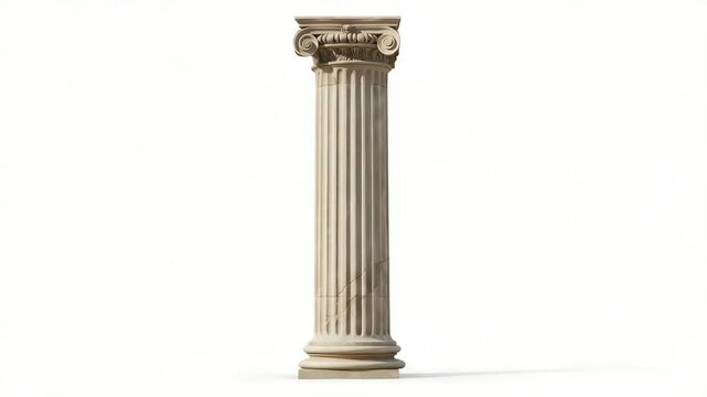 Single Classical Column on White Background - A tall, fluted Ionic column stands isolated against a pure white backdrop. The column is light beige with subtle variations in tone