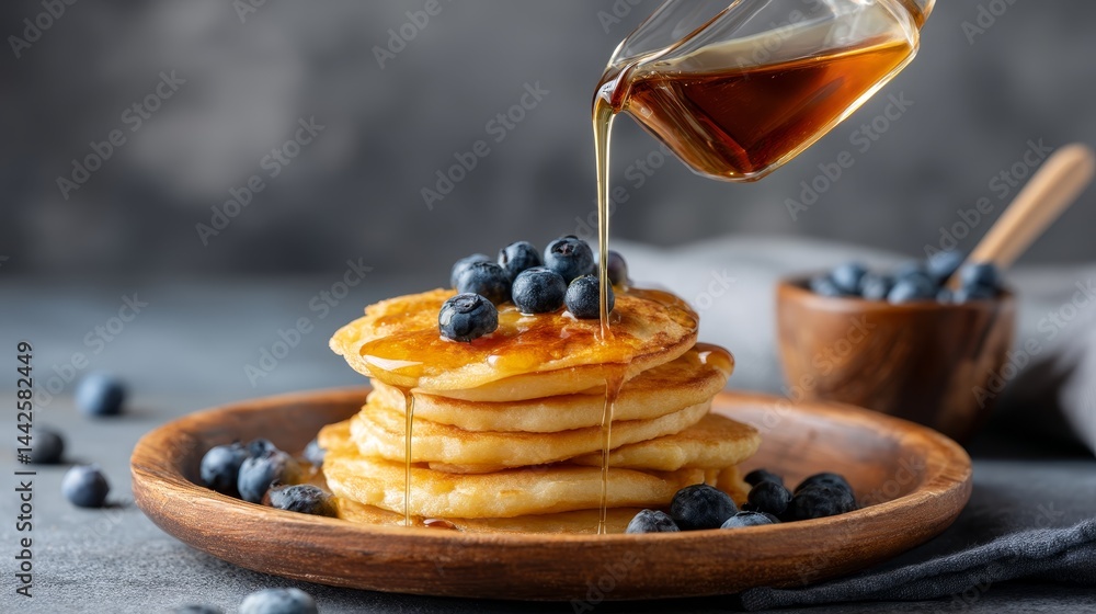 Poster Stacked golden pancakes are generously drizzled with maple syrup and topped with fresh blueberries, creating a warm and inviting breakfast on rustic wooden plate