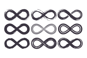 Fototapeta premium Infinity Symbols Vector Collection. Black Infinity Illustrations on White Background in Classic, Minimal, and Artistic Styles for Logos, Branding, and Math Concepts