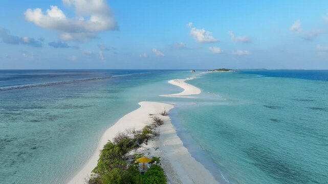 Aerial view with Tropical sandbar in maldives paradise and blue sea. Maldivian sandbank in Indian ocean	