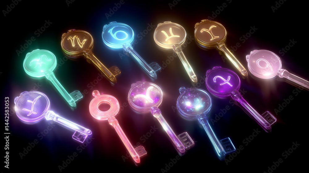 Poster unique collection of glowing keys with astrological symbols displayed against a dark background in a