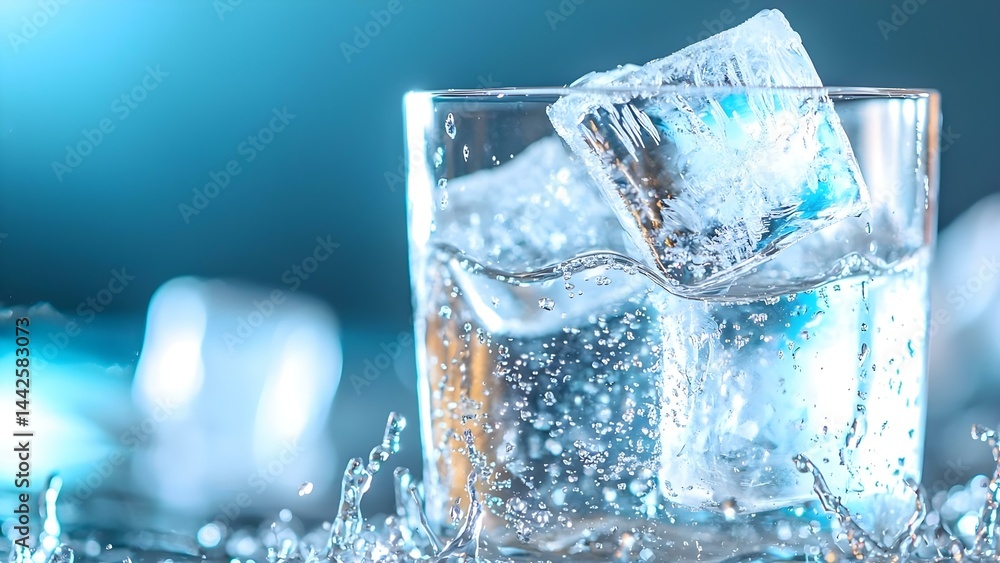 Poster a glass filled with water and ice cubes, with droplets and splashes creating a refreshing scene. con